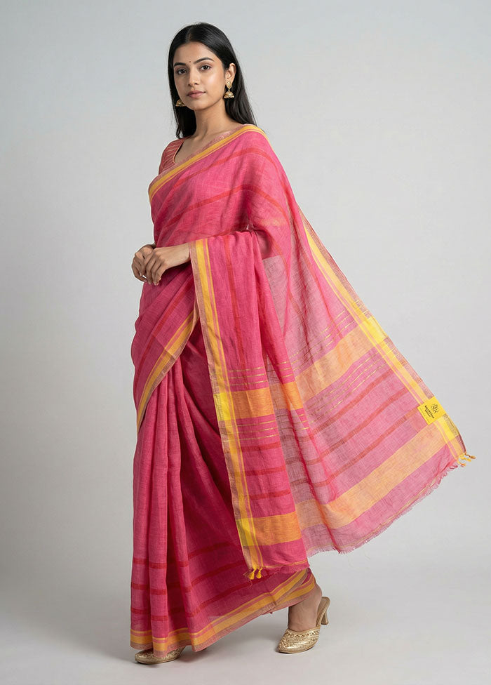 Pink Linen Silk Saree With Blouse Piece