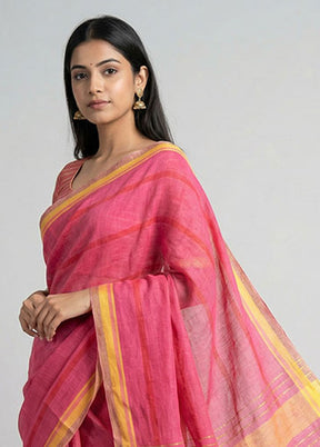 Pink Linen Silk Saree With Blouse Piece