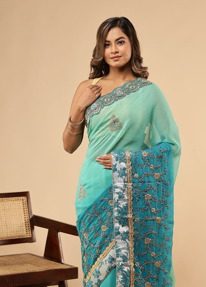 Green Chiffon Silk Saree With Blouse Piece