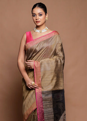 Brown Handloom Matka Pure Silk Saree With Blouse Piece