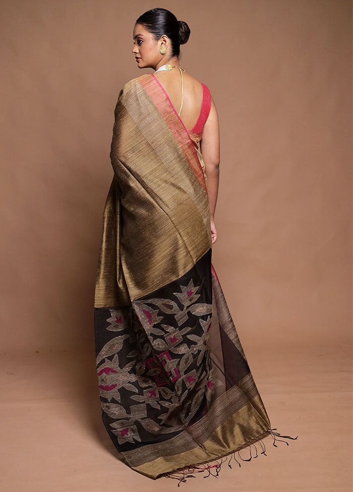 Brown Handloom Matka Pure Silk Saree With Blouse Piece