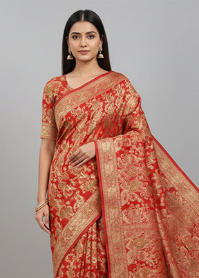 Red Handloom Banarasi Pure Silk Saree With Blouse Piece