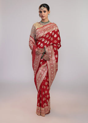 Red Handloom Banarasi Pure Silk Saree With Blouse Piece