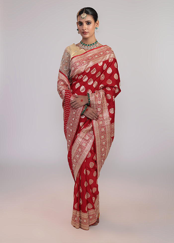 Red Handloom Banarasi Pure Silk Saree With Blouse Piece