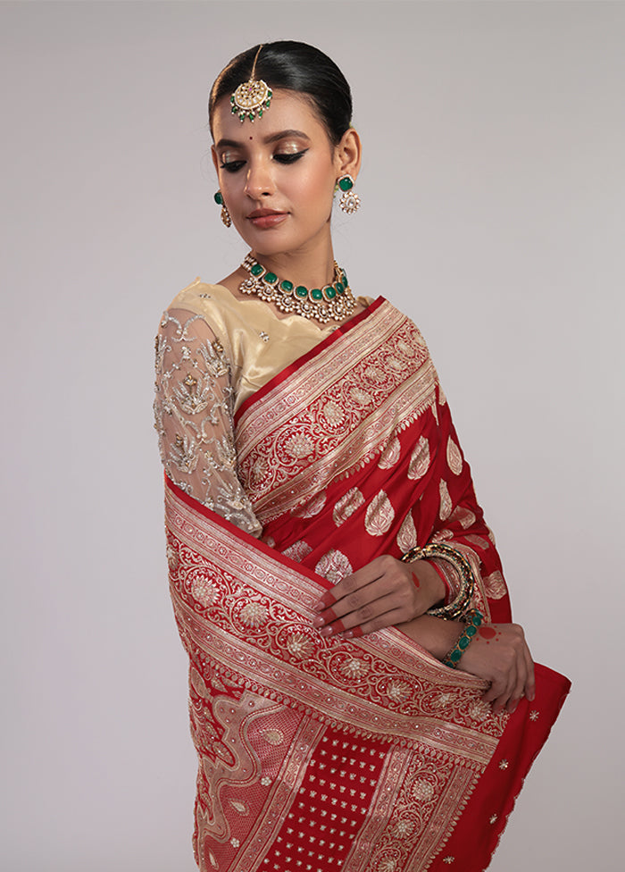 Red Handloom Banarasi Pure Silk Saree With Blouse Piece