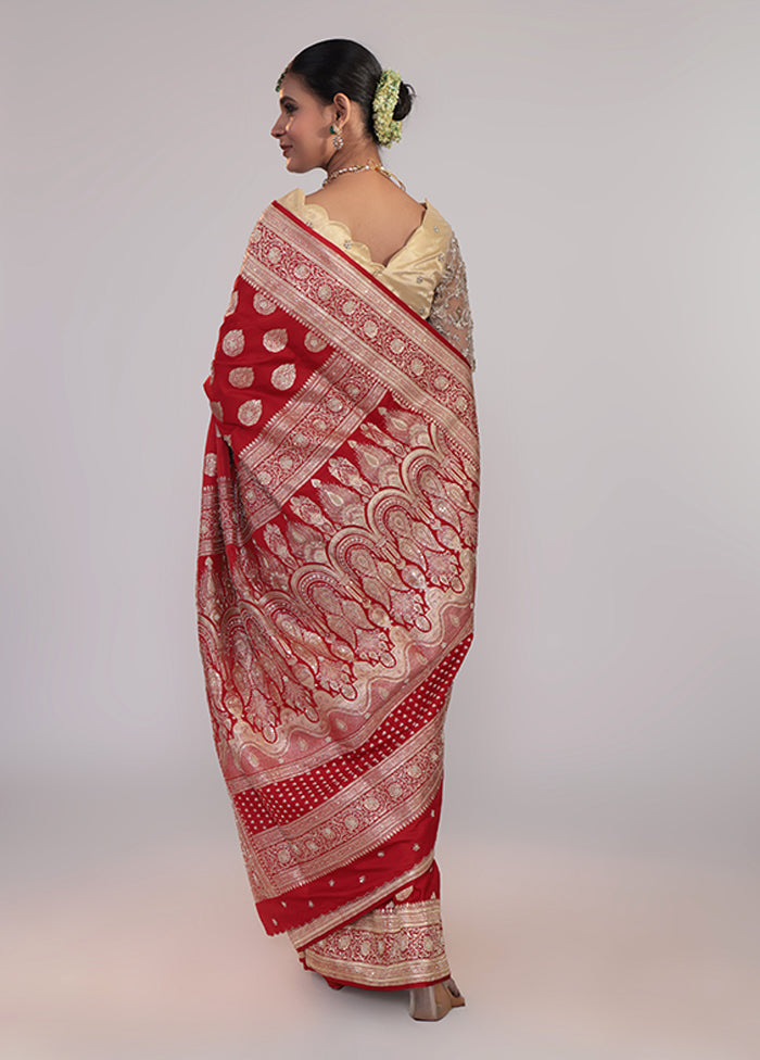 Red Handloom Banarasi Pure Silk Saree With Blouse Piece