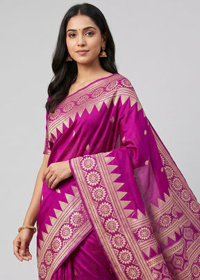 Purple Handloom Kantha Stitch Pure Silk Saree With Blouse Piece