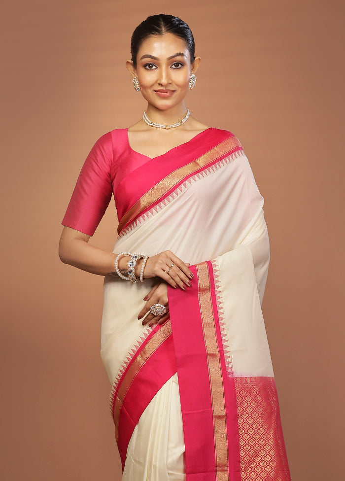 Cream Kanjivaram Silk Saree With Blouse Piece