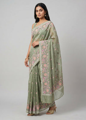 Green Handloom Pure Organza Saree With Blouse Piece