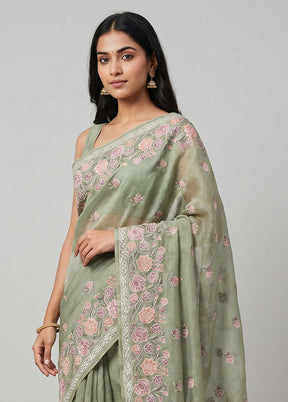 Green Handloom Pure Organza Saree With Blouse Piece