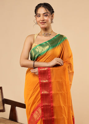 Yellow Gadwal Silk Saree Without Blouse Piece
