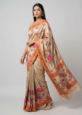 Cream Printed Silk Saree Without Blouse Piece