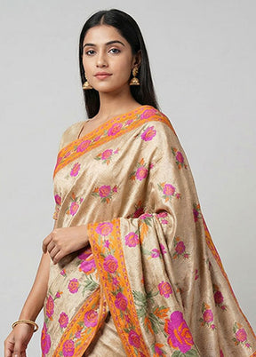Cream Printed Silk Saree Without Blouse Piece