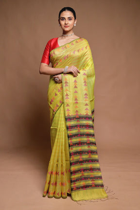 Green Handloom Matka Pure Silk Saree With Blouse Piece