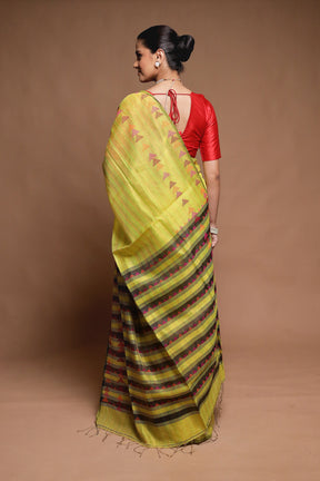 Green Handloom Matka Pure Silk Saree With Blouse Piece