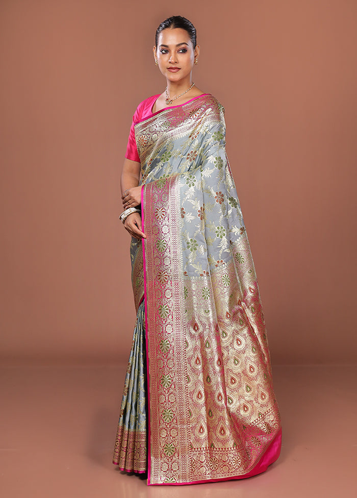 Grey Banarasi Silk Saree With Blouse Piece
