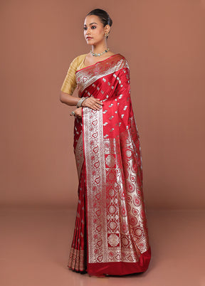Red Banarasi Silk Saree With Blouse Piece
