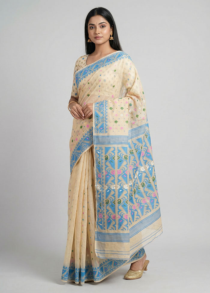 Cream Jamdani Cotton Saree Without Blouse Piece