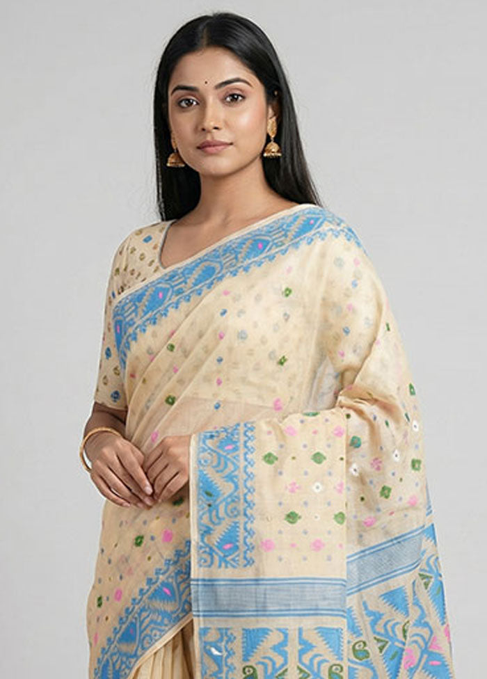 Cream Jamdani Cotton Saree Without Blouse Piece