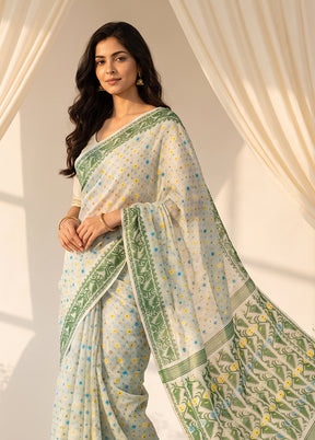 White Jamdani Cotton Saree Without Blouse Piece