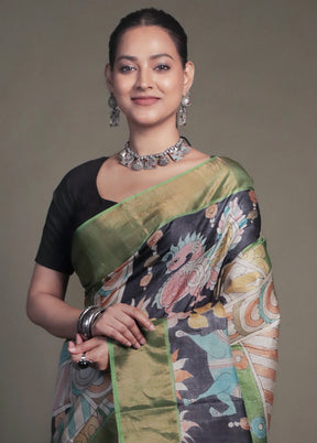 Green Handloom Tussar Pure Silk Saree With Blouse Piece