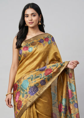 Yellow Handloom Tussar Pure Silk Saree With Blouse Piece