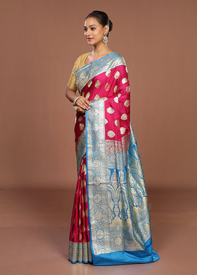 Pink Handloom Banarasi Pure Silk Saree With Blouse Piece