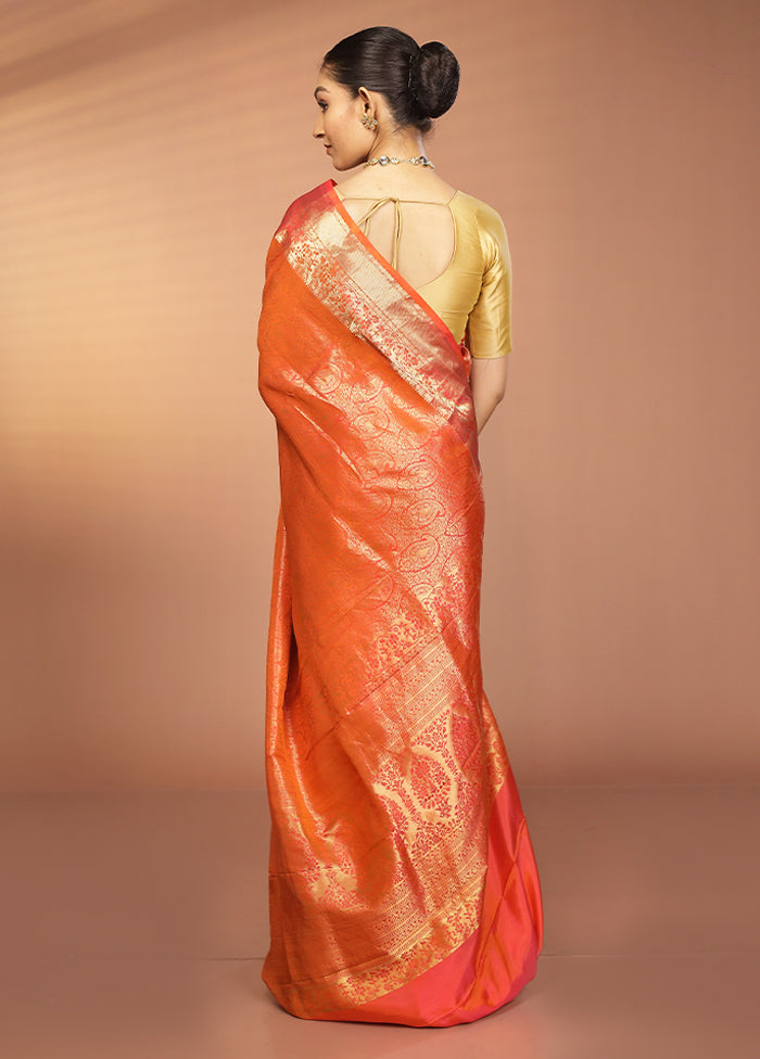 Rust Handloom Kanjivaram Pure Silk Saree With Blouse Piece