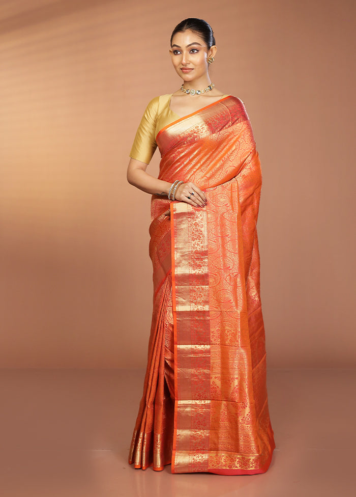 Rust Handloom Kanjivaram Pure Silk Saree With Blouse Piece