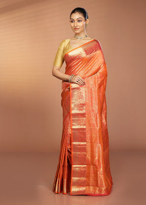 Rust Handloom Kanjivaram Pure Silk Saree With Blouse Piece