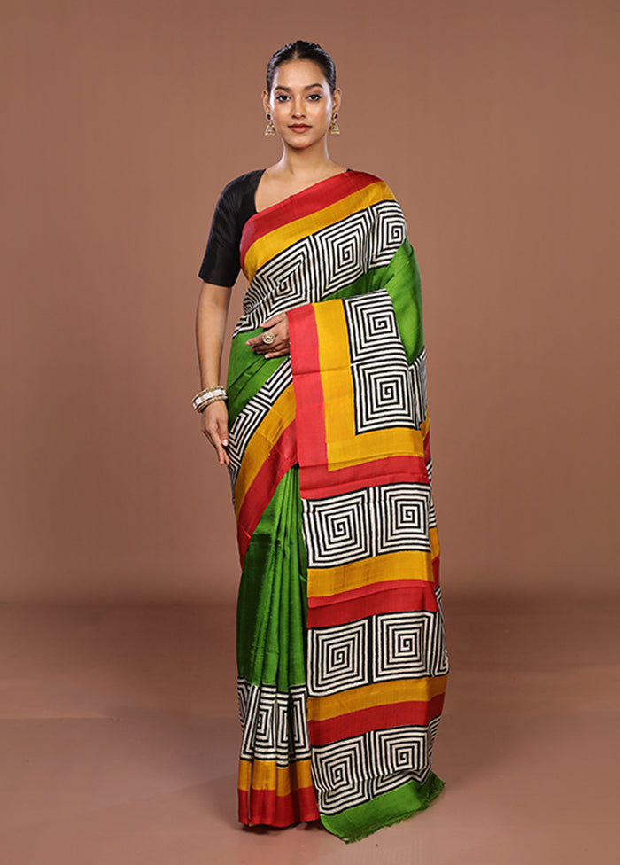 Green Printed Pure Silk Saree Without Blouse Piece