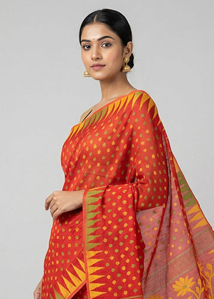 Red Jamdani Cotton Saree Without Blouse Piece