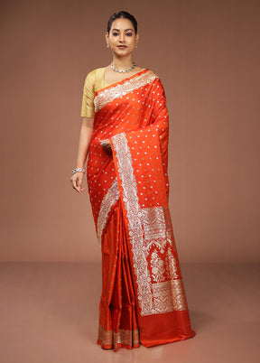 Orange Handloom Banarasi Pure Silk Saree With Blouse Piece