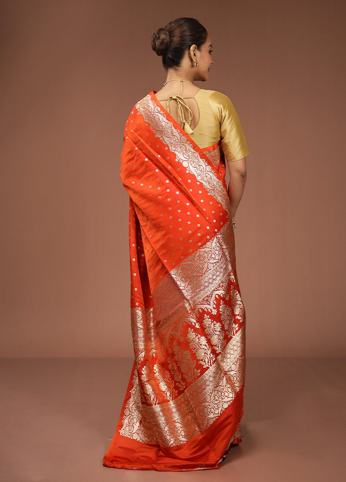 Orange Handloom Banarasi Pure Silk Saree With Blouse Piece