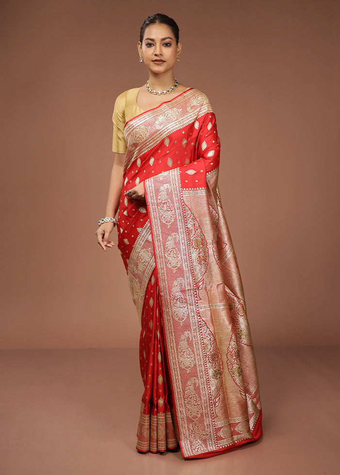 Red Handloom Banarasi Pure Silk Saree With Blouse Piece