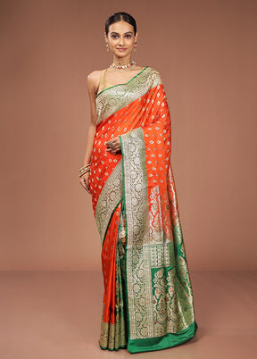 Rust Handloom Banarasi Pure Silk Saree With Blouse Piece