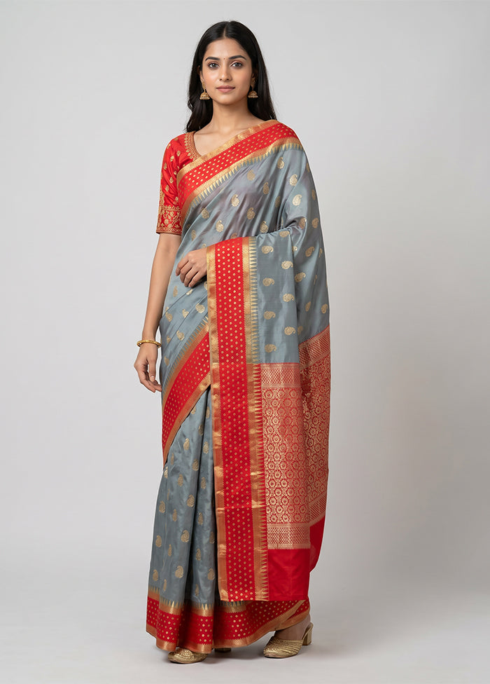 Grey Kanjivaram Silk Saree With Blouse Piece