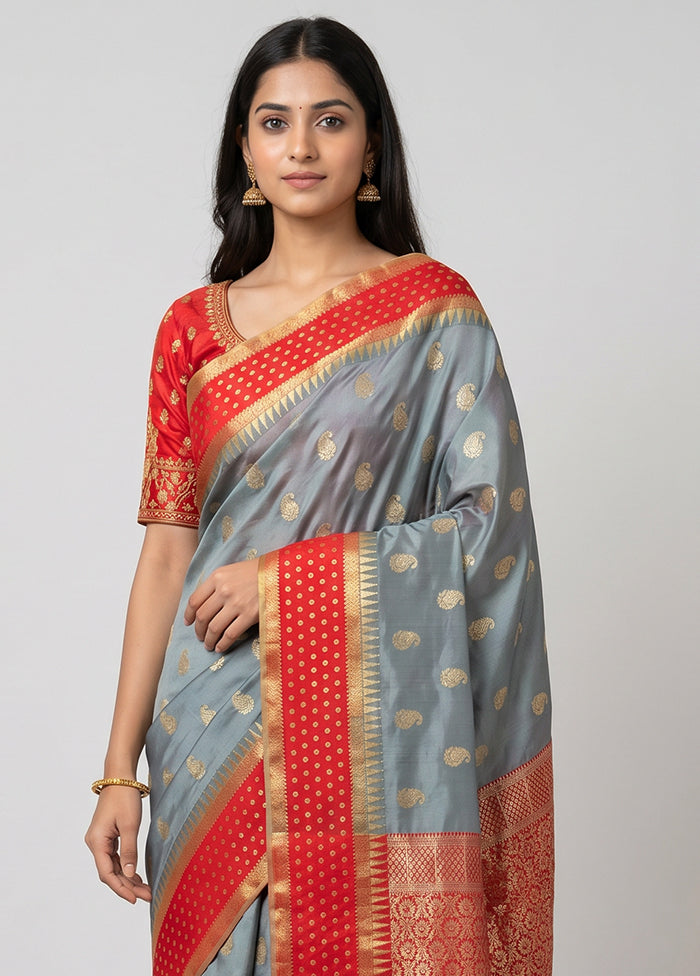 Grey Kanjivaram Silk Saree With Blouse Piece