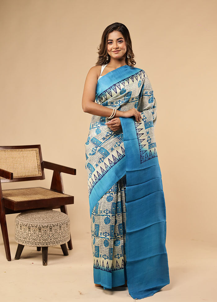 Cream Printed Pure Silk Saree With Blouse Piece