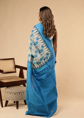 Cream Printed Pure Silk Saree With Blouse Piece