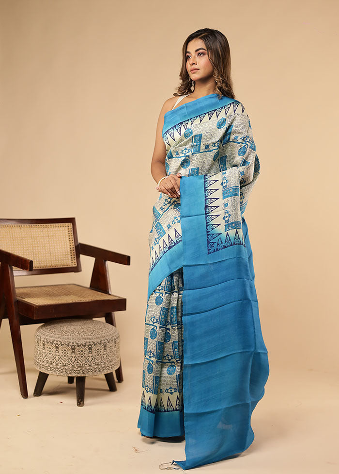 Cream Printed Pure Silk Saree With Blouse Piece