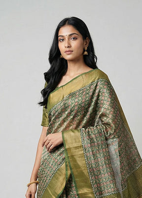 Green Handloom Tussar Silk Saree With Blouse Piece