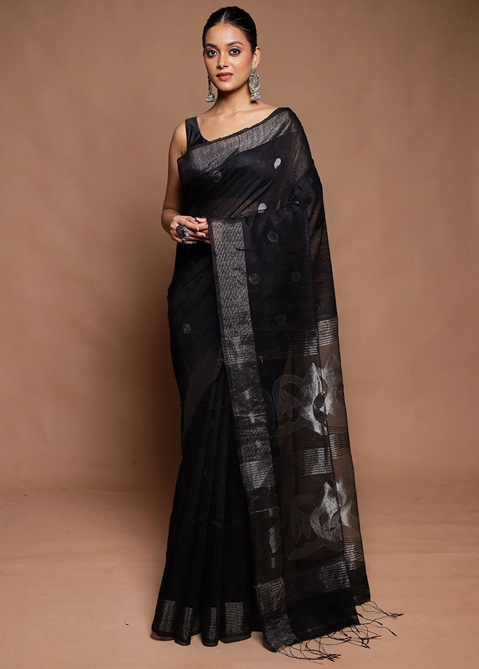 Black Handloom Matka Pure Silk Saree With Blouse Piece