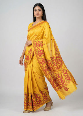 Yellow Kantha Stitch Silk Saree With Blouse Piece