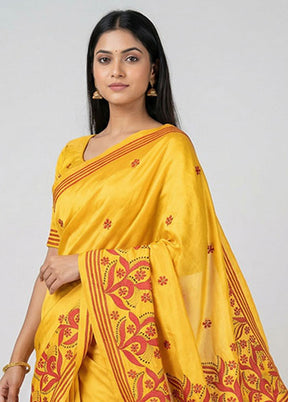 Yellow Kantha Stitch Silk Saree With Blouse Piece