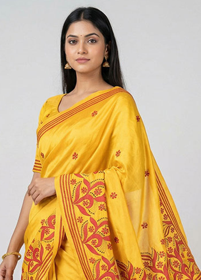 Yellow Kantha Stitch Silk Saree With Blouse Piece