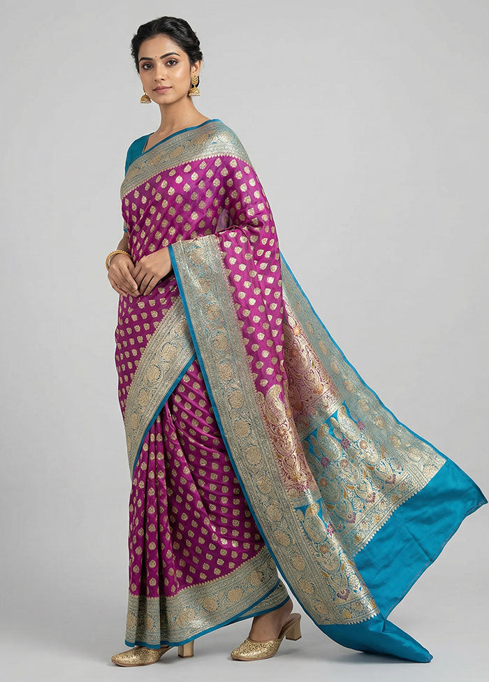 Purple Handloom Banarasi Pure Silk Saree With Blouse Piece