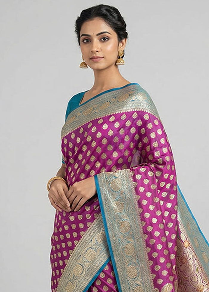 Purple Handloom Banarasi Pure Silk Saree With Blouse Piece