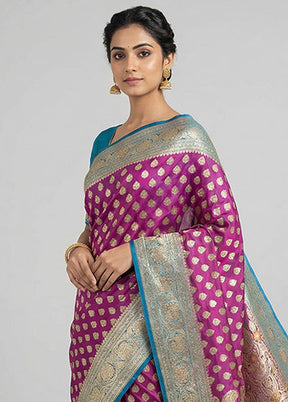 Purple Handloom Banarasi Pure Silk Saree With Blouse Piece