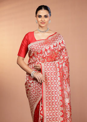 Red Handloom Banarasi Pure Silk Saree With Blouse Piece